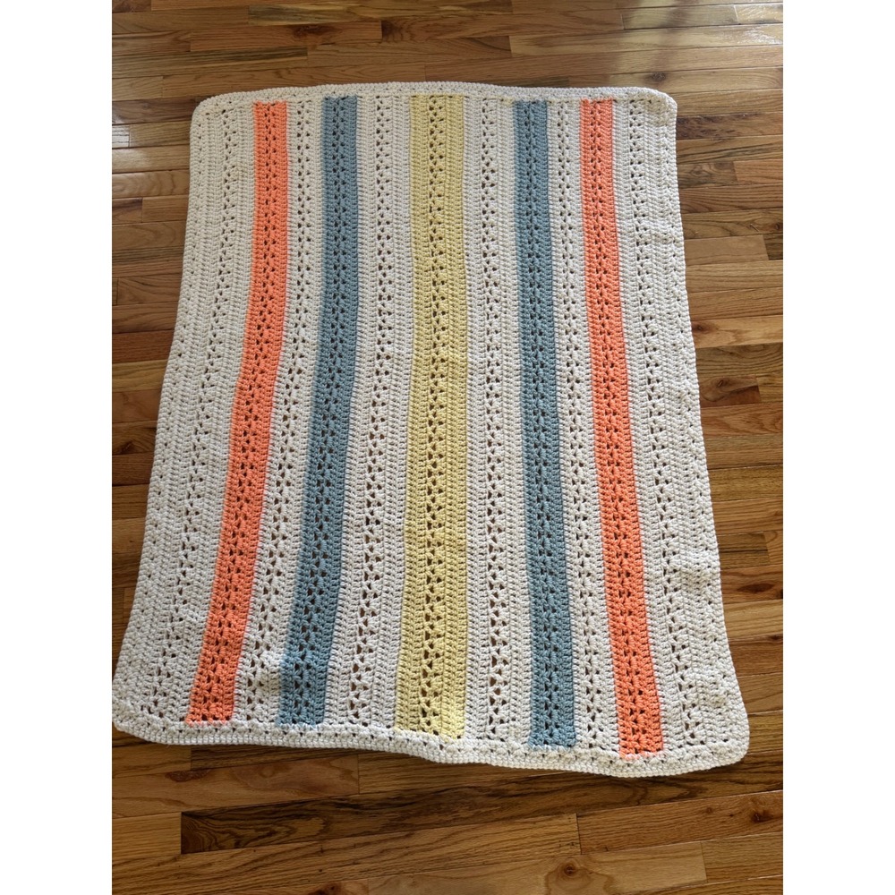 Handmade Crochet Baby Blanket Striped Pastel Peach Blue Yellow White 40x50